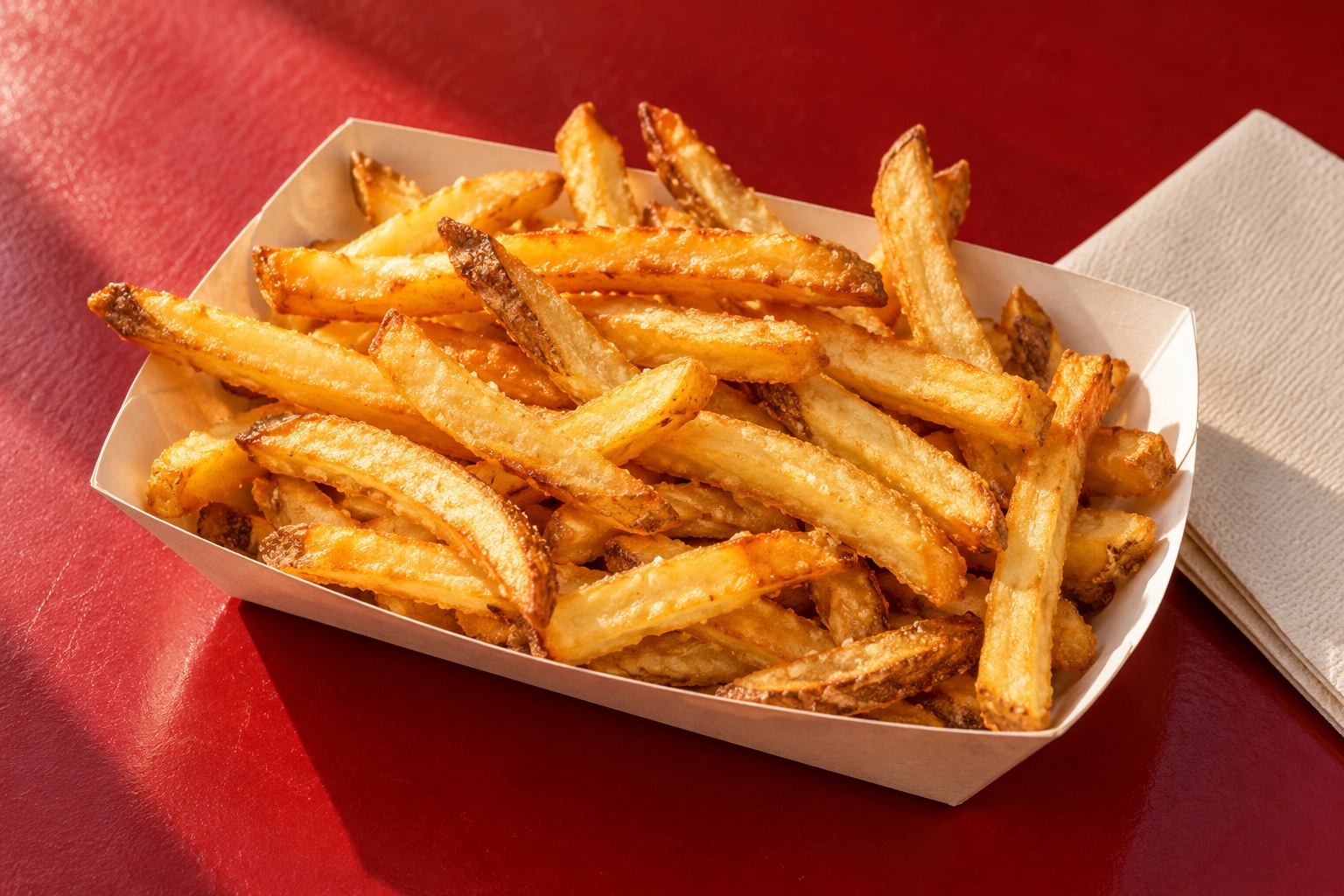Illustrative golden fries in an unbranded paper tray on a red table